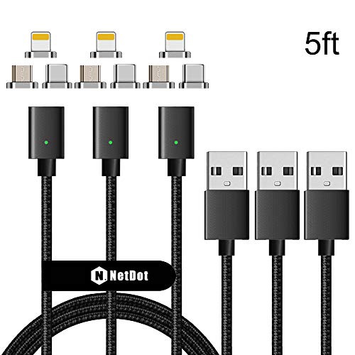 Product Cover NetDot Gen7 3-in-1 Magnetic Fast Charging Cable Compatible with Micro USB & USB-C Smartphones and i-Products (5ft /3 Pack Black)