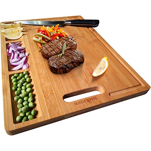 Product Cover Large Organic Bamboo Cutting Board For Kitchen, With 3 Built-In Compartments And Juice Grooves, Heavy Duty Chopping Board For Meats Bread Fruits, Butcher Block, Carving Board, BPA Free