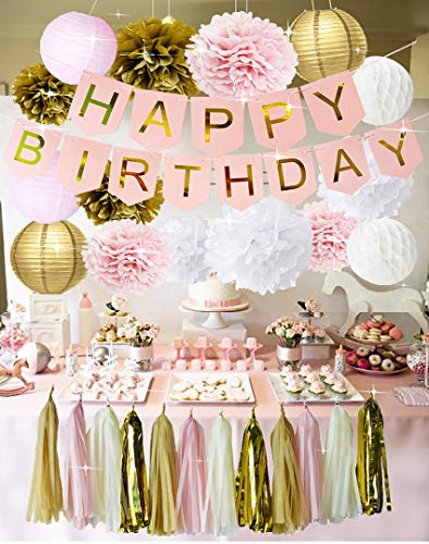 Product Cover Pink and Gold Birthday Party Decorations Happy Birthday Bunting Banner Tissue Paper Pom Poms Flowers Paper Lanterns Paper Honeycomb Balls Tissue Paper Tassel Garland for Girls' 1st Birthday