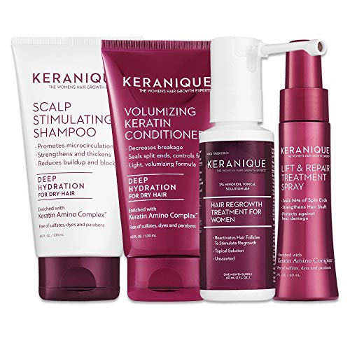 Product Cover Keranique Hair Regrowth System - 30 Days - Keratin Amino Complex - Free of Sulfates, Dyes and Parabens, Includes Shampoo and Conditioner, Minoxidil and Lift and Repair Spray for Dry Thinning Hair