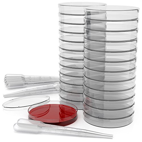 Product Cover Petri Dish Set with Lids - 90mm x 15mm - Vented (Pack of 25) - Plastic, Sterile Petri Dishes with 10 Plastic Transfer Pipettes (3mm) - Perfect Kit for School Science Fair Project and Party