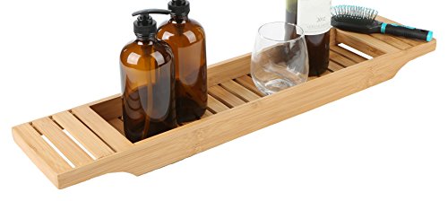 Product Cover Mind Reader Bathroom Shower Organizer for Shampoo, Soap, Razors, and Much More Bamboo Bathtub Tray, Brown Bath Caddy