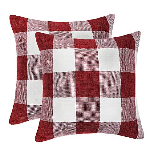 Product Cover 4TH Emotion Set of 2 Red and White Buffalo Check Plaid Throw Pillow Covers Cushion Case Cotton Linen for Christmas Home Decor, 18 x 18 Inches