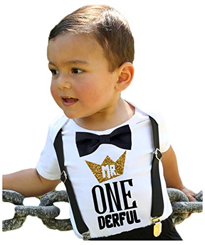 Product Cover Noah's Boytique Mr Onederful First Birthday Shirt Outfit Boy with Black Bow Tie Suspenders and Gold and Black Saying Cake Smash 1st Birthday Party 18-24 Months