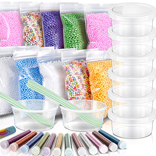 Product Cover 35 Pack Slime Making kit, Including 10 Pack Color Foam Balls, 8 Pcs 4.5 oz Slime Containers, 12 Bottles Glitter Powder, 5 Pcs Glue Mixing Spoons for Slime Making Craft