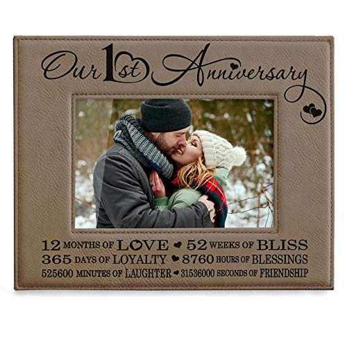 Product Cover Kate Posh Our First (1st) Anniversary Engraved Leather Picture Frame - Gifts for Couple, Gifts for Him, Gift for Her, Paper, Photo Frame, First Wedding (4x6-Horizontal)