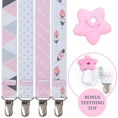 Product Cover Liname Pacifier Clip for Girls with Bonus Teething Toy - 4 Pack Gift Packaging - Premium Quality & Unique Design - Pacifier Clips Fit All Pacifiers & Soothers - Perfect Baby Gift