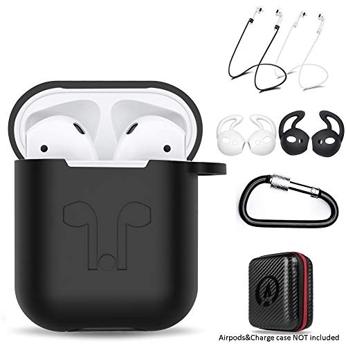 Product Cover amasing AirPods Case 7 in 1 for Airpods 1&2 Accessories Kits Protective Silicone Cover for Airpod Gen1 2 (Front Led Visible) with 2 Ear Hook /2 Staps/1 Clips Tips Grips/1 Zipper Box Black