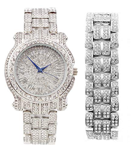 Product Cover Bling-ed Out Round Luxury Mens Watch w/Bling-ed Out Matching Bracelet - L0504B Silver