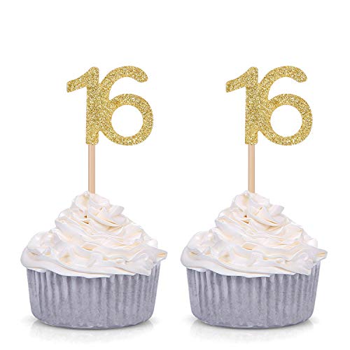 Product Cover Giuffi Set of 24 Golden Number 16 Cupcake Toppers Sweet 16th Birthday Celebrating Party Decors