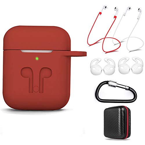 Product Cover amasing AirPods Case 7 in 1 for Airpods 1&2 Accessories Kits Protective Silicone Cover for Airpod Gen1 2 (Front Led Visible) with 2 Ear Hook /2 Staps/1 Clips Tips Grips/1 Zipper Box Red
