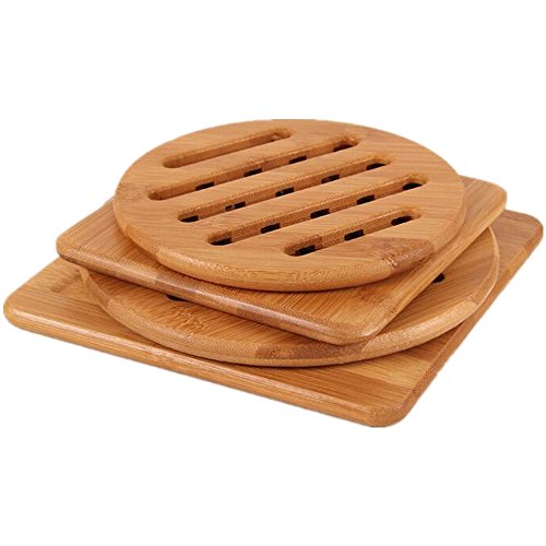 Product Cover Natural Bamboo Trivet Mat Set, Kitchen Wood Hot Pads Trivet, Heat Resistant Pads for Hot Dishes/Pot/Bowl/Teapot/Hot Pot Holders, Anti-Hot Non-Slip Durable,Square and Round (Pack of 4), by MUWENTY