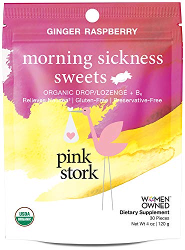 Product Cover Pink Stork Morning Sickness Sweets: Ginger Raspberry Nausea Relief Hard Candy, USDA Organic + Vitamin B6, Women-Owned, 30 Hard Lozenges