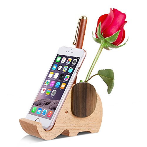 Product Cover Pen Pencil Holder with Phone Stand, AhfuLife Cute Wooden Elephant Shaped Pen Container Pot Office Accessories Compatible with Cell Phone, Desk Organizer Decoration for Office Home Decorative