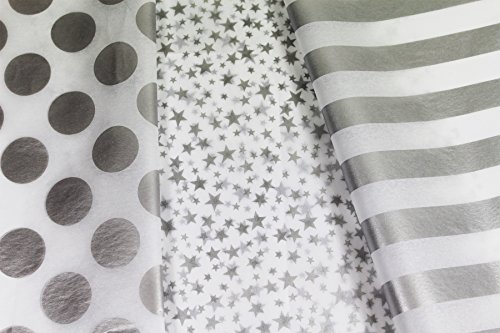 Product Cover Metallic Silver & White Gift Wrap Tissue Paper for All Occasions. 36-Pack Includes 12 Sheets Each of Polka Dot, Striped and Stars Patterns. Large 20 x 30 Squares, Silver Metallic and White