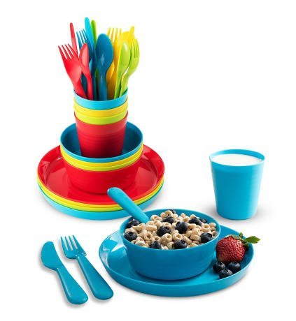 Product Cover Plastic Dinnerware Set of 4 By Plaskidy - 24 piece Kids dishes Set Includes, Kids Cups, Kids Plates, Kids Bowls, Flatware Set, Kids dinnerware set is Reusable, Microwave - Dishwasher Safe, BPA Free.