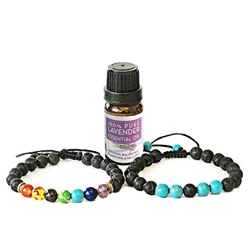 Product Cover 2 Adjustable Aromatherapy Bracelet Diffusers Gift Set (Lava Stones with Chakra Bracelet & Turquoise Bracelet) with10ml Lavender Essential Oil - Yoga Bracelet