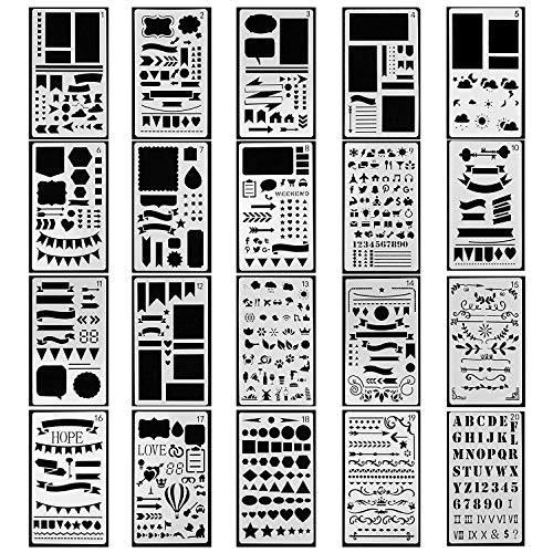 Product Cover Journal Stencils, 20 PCS Plastic Planner Stencil with Different Patterns for Journaling/Scrap Booking/Notebook/Diary/Drawing/Card and DIY Craft, 4X7 Inch, White