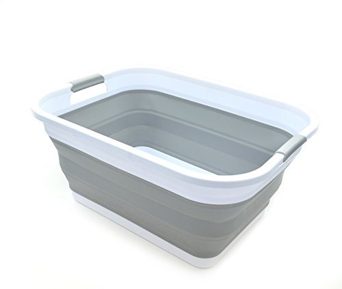 Product Cover SAMMART Collapsible Plastic Laundry Basket - Foldable Pop Up Storage Container/Organizer - Portable Washing Tub - Space Saving Hamper/Basket (Rectangular, Grey)