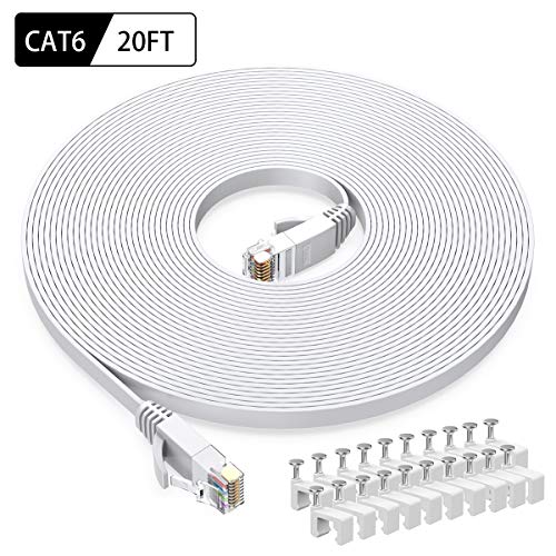 Product Cover Cat6 Ethernet Cable 20 FT White, BUSOHE Cat-6 Flat RJ45 Computer Internet LAN Network Ethernet Patch Cable Cord - 20 Feet