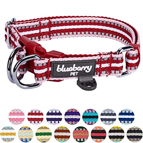 Product Cover Blueberry Pet 15 Colors 3M Reflective Multi-Colored Stripe Adjustable Dog Collar, Marsala Red and Pink, Small, Neck 12