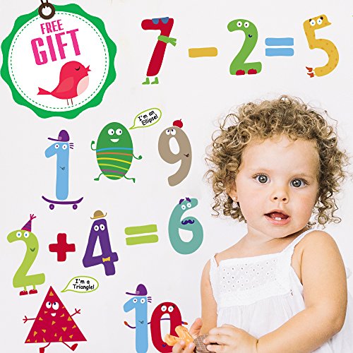 Product Cover Numbers & Shapes Learning Wall Decals for Kids - Educational Math Classroom Stickers [>30 Cute Art clings] with Free Bird Gift!