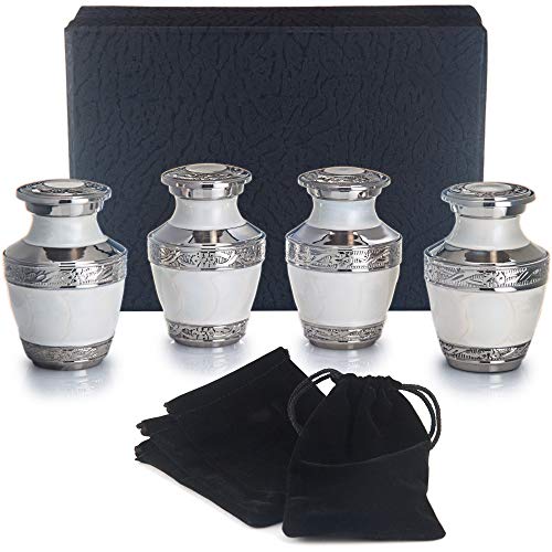 Product Cover Adera Dreams Small Urns for Human Ashes Keepsake - Set of 4 in Pearl White - Mini Cremation Urns - Memorial Ashes Urn with Case, Velvet Pouch and Funnel - Miniature Burial Funeral Urns for Sharing Ash