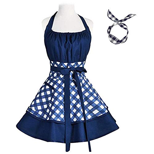 Product Cover Pu-ai Vintage Aprons for Women Cotton Cooking Aprons Plus Size Retro Bib Kitchen Apron with Extra Ties & Pockets 22×30 inch (Blue)