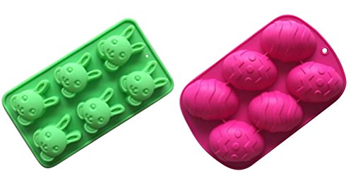 Product Cover 2 Rabbit & Egg Shaped Silicone Molds - Easter Bunny Soap Jello Shapes - DIY Bath Bomb & Cake Baking - Homemade Holiday Baked Gifts - Cakes Soaps Mold Supplies Bundle - Random Colors by Jolly Jon