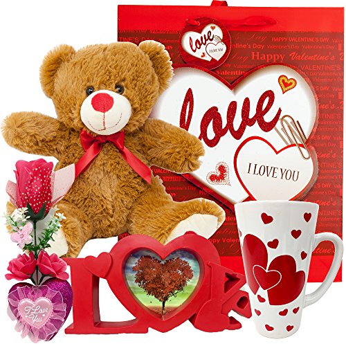 Product Cover Valentines Day Gift Basket Set | 12 Inch Teddy Bear Plush, 15 Oz Ceramic Mug, I Love you Flower Box, Love Red Shaped Photo Frame & V-Day Themed Gift Bag | For Her Wife Girlfriend Mother Daughter
