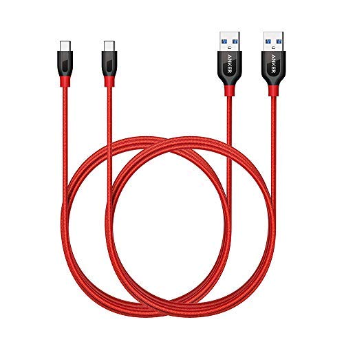 Product Cover Anker Powerline+ USB-C to USB 3.0 Cable (6ft, 2-Pack), High Durability, for Samsung Galaxy Note 8, S8, S8+, S9, S10, iPad Pro 2018, MacBook, Nexus 5X, Nexus 6P, OnePlus 2 and More(Red)