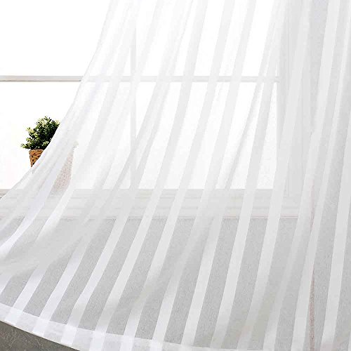 Product Cover jinchan Striped Sheer Window Curtains for Bedroom White Curtain for Living Room 84 inch Length Rod Pocket Curtain Panels 1 Pair