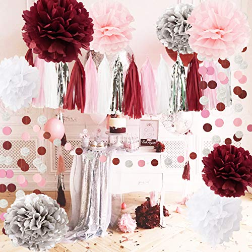 Product Cover Qian's Party Bridal Shower Decorations Burgundy Pink White Silver Wedding Decorations Tissue Paper Pom Pom Tassel Garland Burgundy Pink Birthday Party Decorations/Bachelorette Party Decorations
