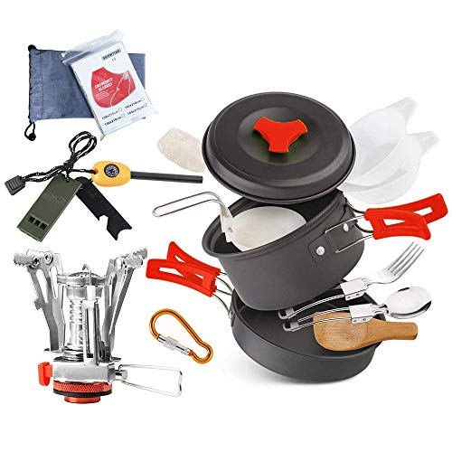 Product Cover Camping Cookware Set Hiking backpacking Gear & Camping Outdoor Survival Utensils Cooking Equipment 15 Piece Cooking Utensils Mini Non-stick pan , Lightweight ,Folding,Best Camping Gear Mess kit