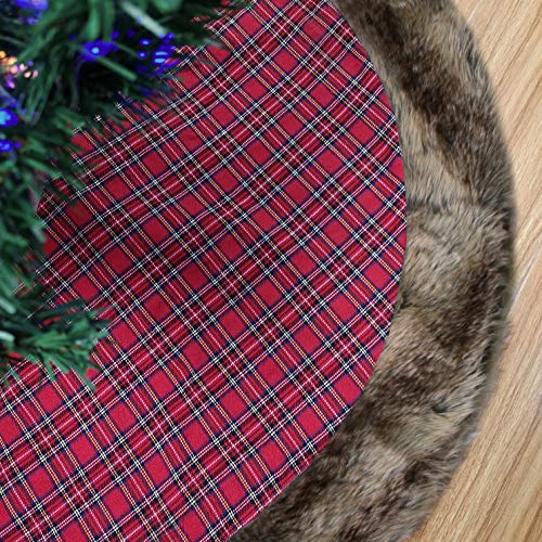 Product Cover WEWILL 36'' Red Buffalo Plaid Thick Christmas Tree Skirt with Faux Fur Trim Border Double Layer Xmas Tree Skirt Holiday Decorations Themed with Christmas Stockings(Not Included) ... (Style 1)