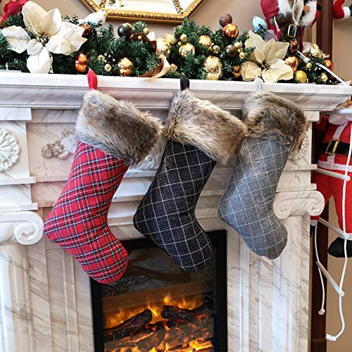 Product Cover WEWILL 19'' Buffalo Plaid Christmas Stocking Decoration with Faux Fur Cuff Themed with Tree Skirt(Not Included)