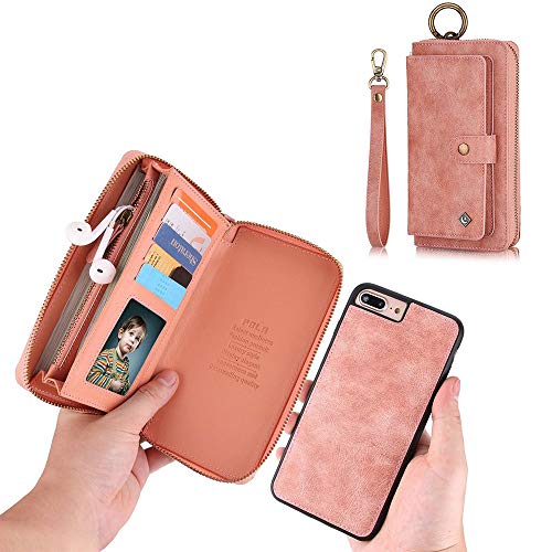 Product Cover iPhone 7 Plus Wallet Case - JAZ Zipper Purse Detachable Magnetic14 Card Slots Card Slots Money Pocket Clutch Leather Wallet Case for iPhone 8 Plus / 7 Plus Rose Gold