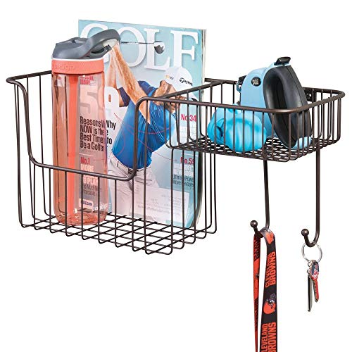 Product Cover mDesign Metal Wire Wall Mount Entryway Storage Organizer Mail Basket Holder with 2 Hooks, 2 Compartments - for Organizing Letters, Magazines, Keys, Coats, Leashes - Bronze