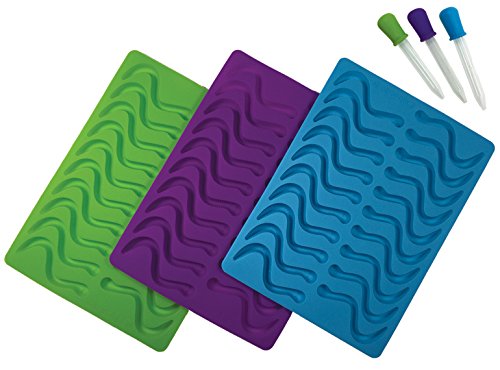 Product Cover Better Kitchen Products, 3 Piece, 20 Cavity Silicone Gummy Worm Molds with 3 Matching Droppers, Purple, Aqua and Lime