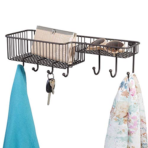 Product Cover mDesign Metal Wire Wall Mount Entryway Storage Organizer Mail Basket Holder with 7 Hooks, 2 Compartments - for Organizing Letters, Magazines, Keys, Coats, Leashes - Bronze