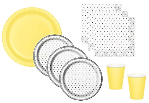 Product Cover Gender Neutral Baby Shower Supplies Gray Silver Dot Plates Napkins With Yellow Plates Cups Serves 16 Guests