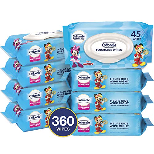 Product Cover Cottonelle Flushable Toddler Wipes for Kids, 8 Flip-Top Packs, 360 Fragrance-Free Wet Wipes in Disney Packaging, Mickey Mouse