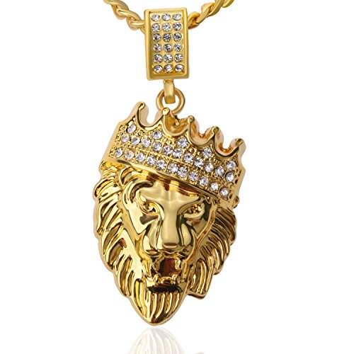 Product Cover Mens Womens Hip Hop Jewelry 18k Gold Plated Crown Lion Head Pendant Iced Out Clear Rhinestones with Curb Cuban Chain Necklace (A-Gold)