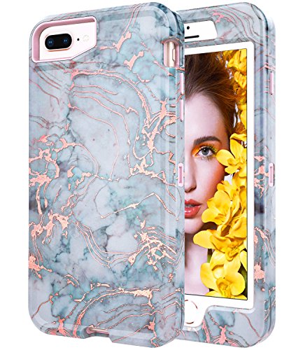 Product Cover BAISRKE Shiny Rose Gold Marble Case for iPhone 7 Plus / 8 Plus, Heavy Duty Hybrid 3-Layer Full-Body Protect Case Soft TPU & Hard Plastic Back Cover for iPhone 7 Plus / 8 Plus / 6 6s Plus [Blue]