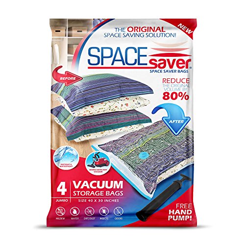 Product Cover Spacesaver Premium Vacuum Storage Bags. 80% More Storage! Hand-Pump for Travel! Double-Zip Seal and Triple Seal Turbo-Valve for Max Space Saving! (Jumbo 4 Pack)