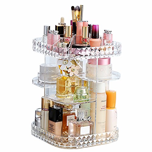 Product Cover Makeup Organizer 360-Degree Rotating Cosmetic Storage Box, DIY Adjustable Large Capacity Cosmetics Display Case Square Makeup Shelf with Diamond Pattern