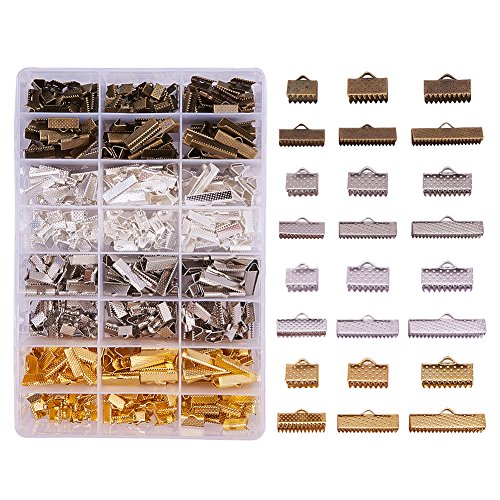 Product Cover PandaHall Elite 680PCS 6 Size 4 Color Iron Ribbon Ends Bracelet Bookmark Pinch Crimp Clamp End Findings Cord Ends Fasteners Clasp Leather Crimp Ends Jewelry Making Findings
