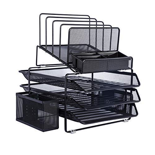 Product Cover DESIGNA Stackable Mesh Desk Organizer with 3 Sliding Letter Trays 4 File Holders 2 Side Compartments & Pencil Holder Non-Slip All in One Desktop Organizers Office Storage, Black