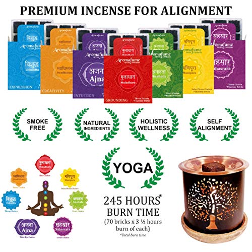 Product Cover Aromafume 7 Chakra Incense Bricks (Sahasrara, Ajna, Vishuddha, Anahata, Manipura, Swadishtana, Muladhara - 9 Each) & Tree of Life Exotic Burner. Ideal for Meditation, Yoga, Chakra Balance