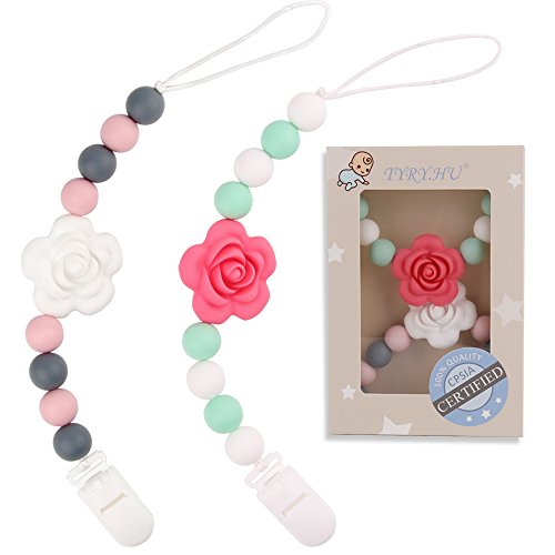Product Cover TYRY.HU Pacifier Clips Silicone Teething Beads BPA Free Binky Holder for Girls, Boys, Baby Shower Gift, Teether Toys, Soothie, Mam, Drool Bibs, Set of 2 (Pink, White Roses)
